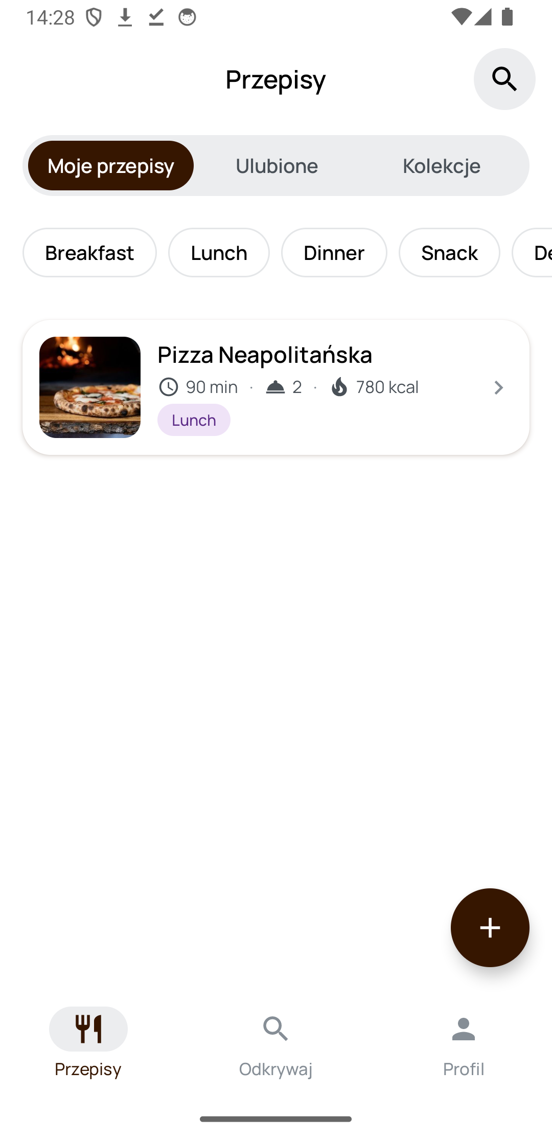 Ekran Moje przepisy z przyciskiem dodawania
