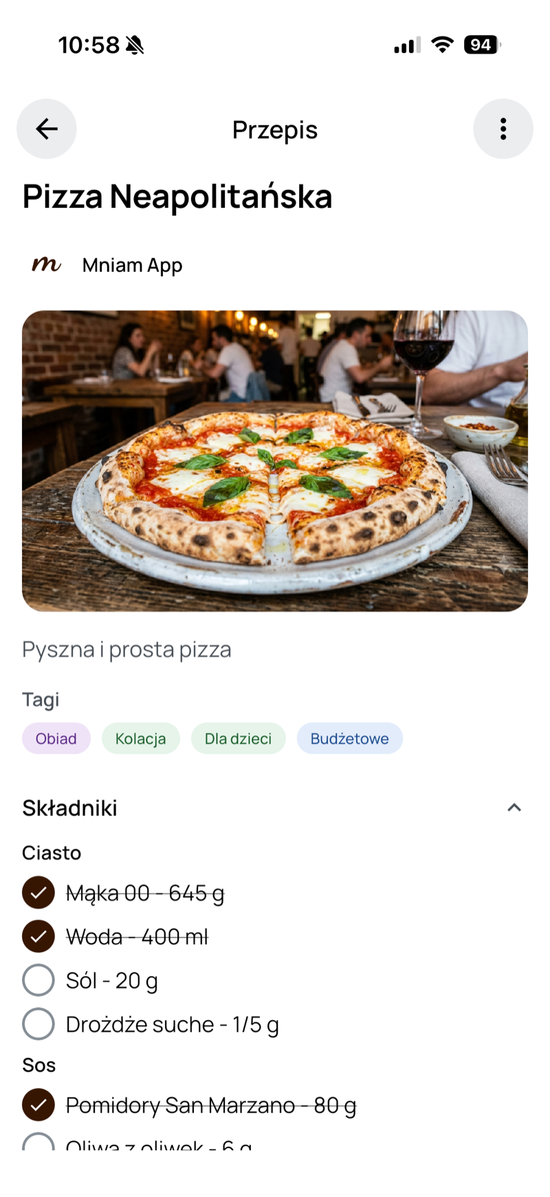 Szczegóły przepisu ze składnikami do odhaczenia