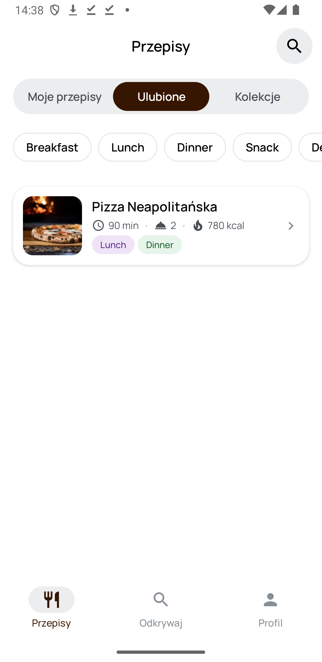Zakładka Ulubione z zapisanym przepisem